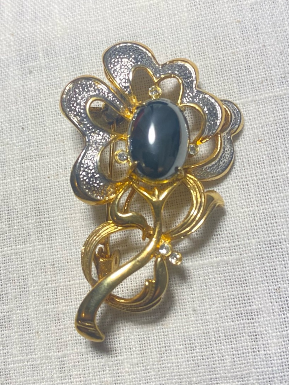 NOS Vintage Hematite Brooch - Gold & Silver tone Floral Setting; Velvet Gift Box